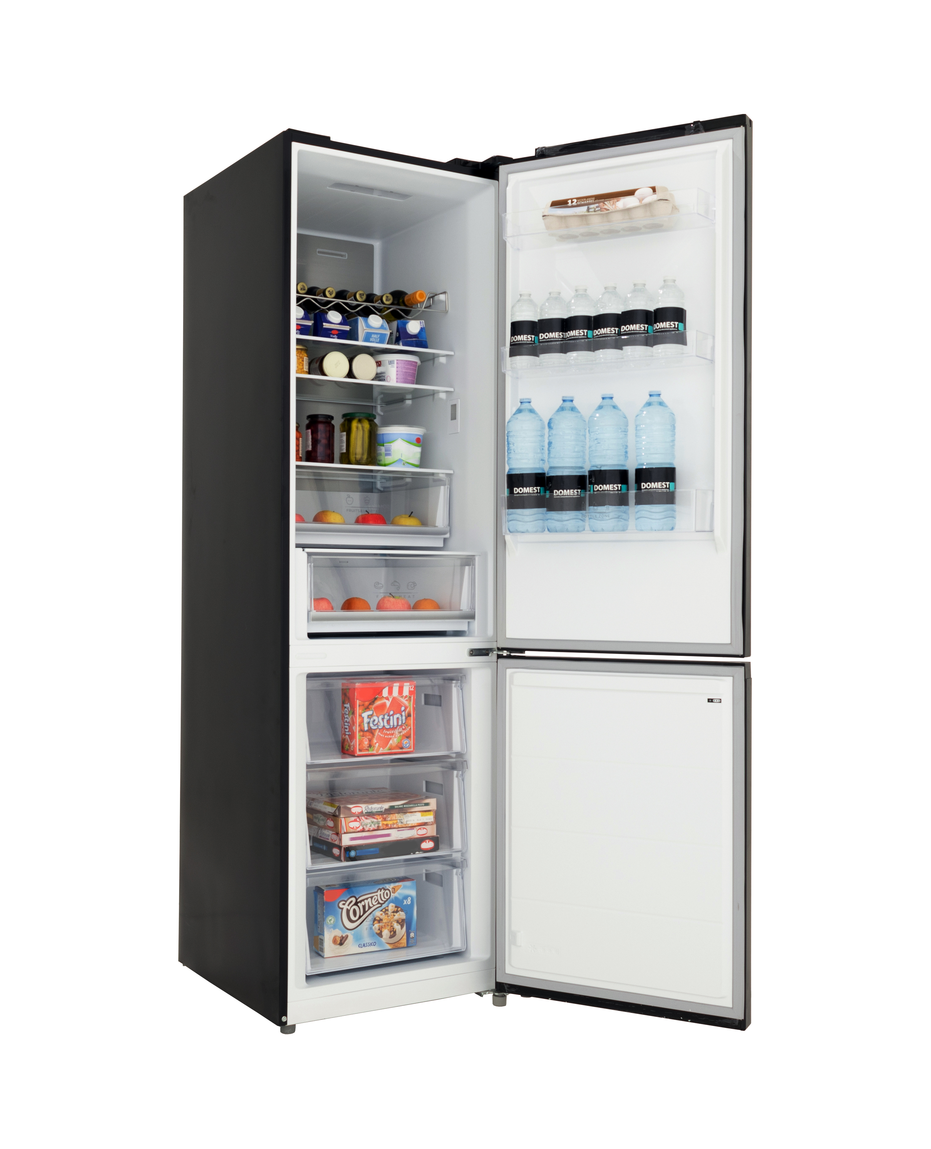 An open black refrigerator stocked with food and drinks inside.