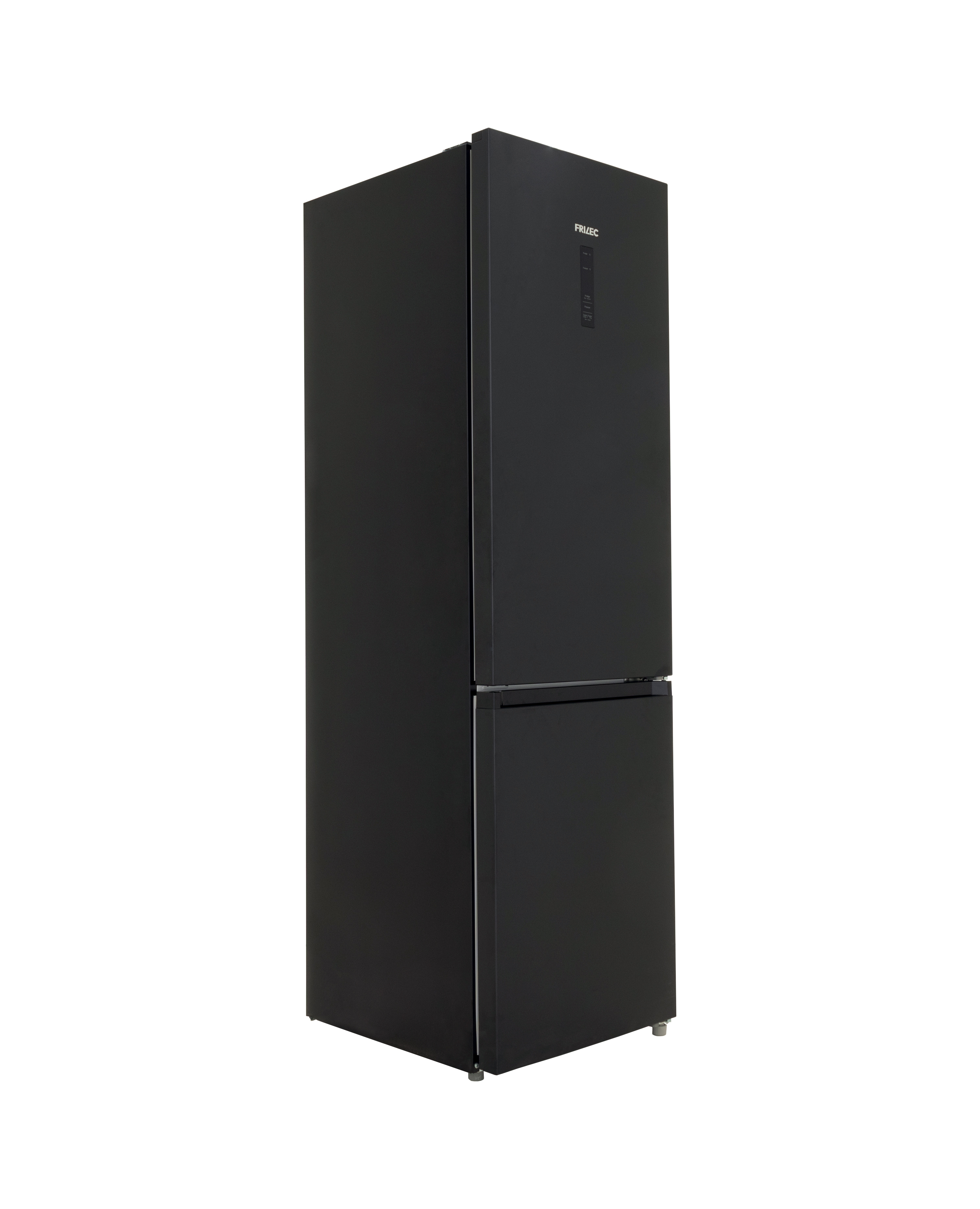A black refrigerator with two doors and a control panel on the right door.