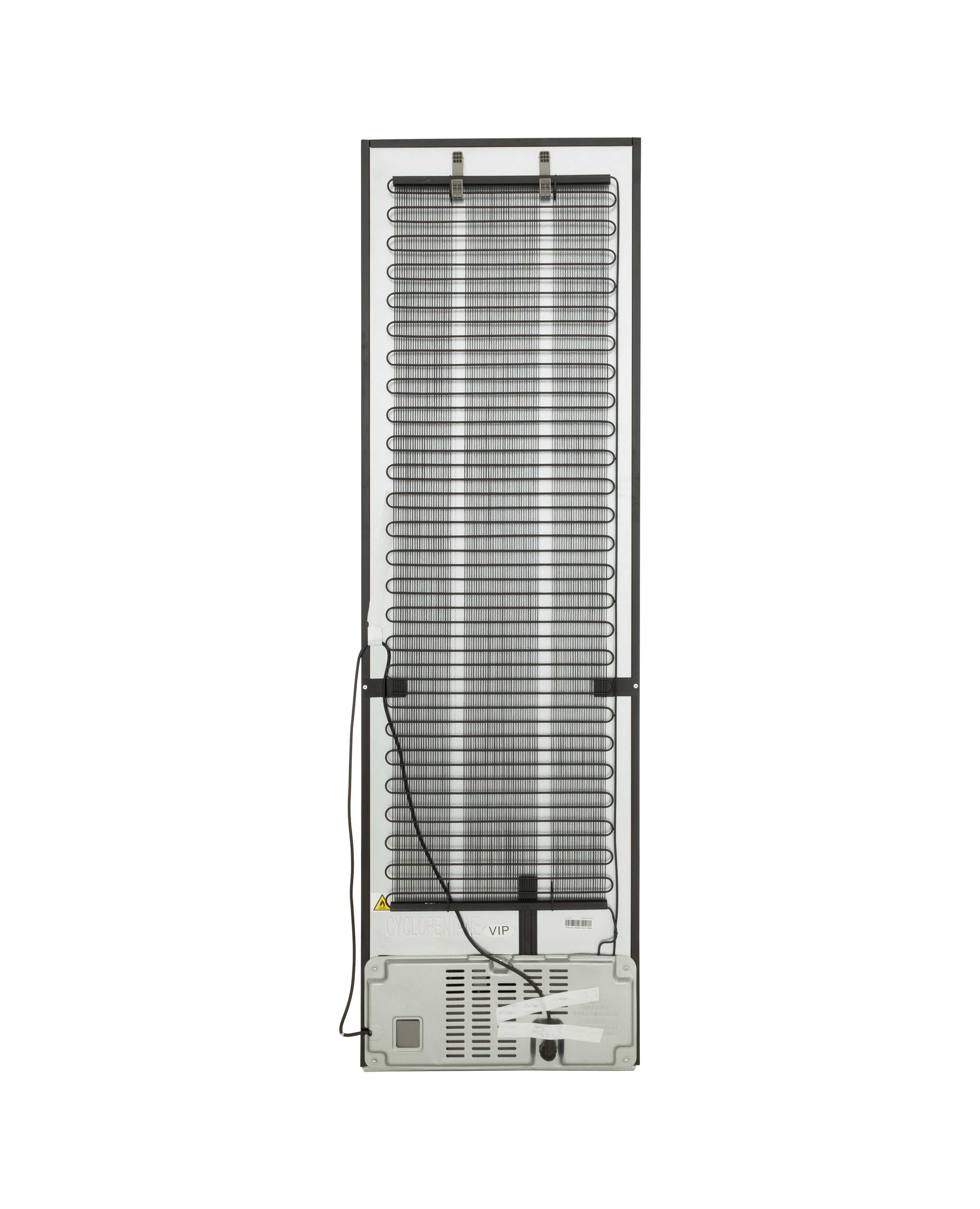 Back of a refrigerator with black grid and silver compressor cover.