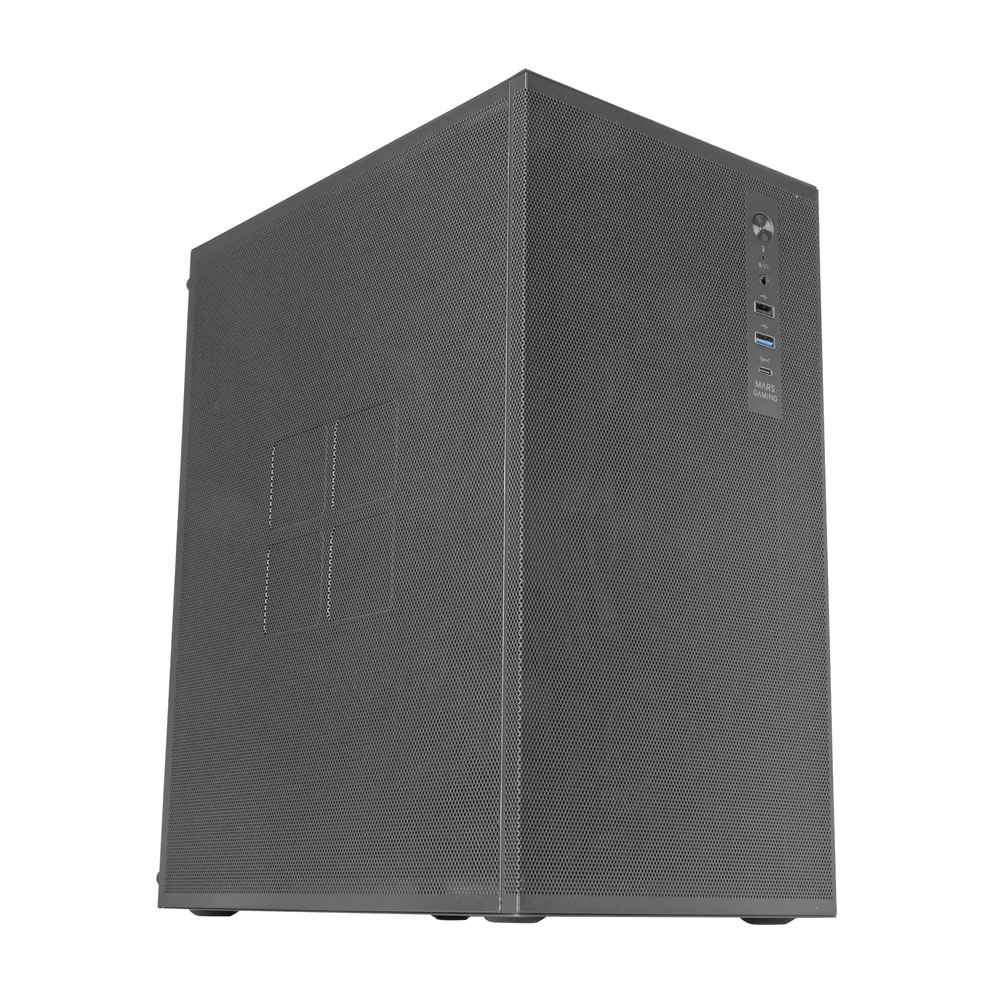 Una torre del computer scura con fessure di ventilazione e porte sul pannello frontale.