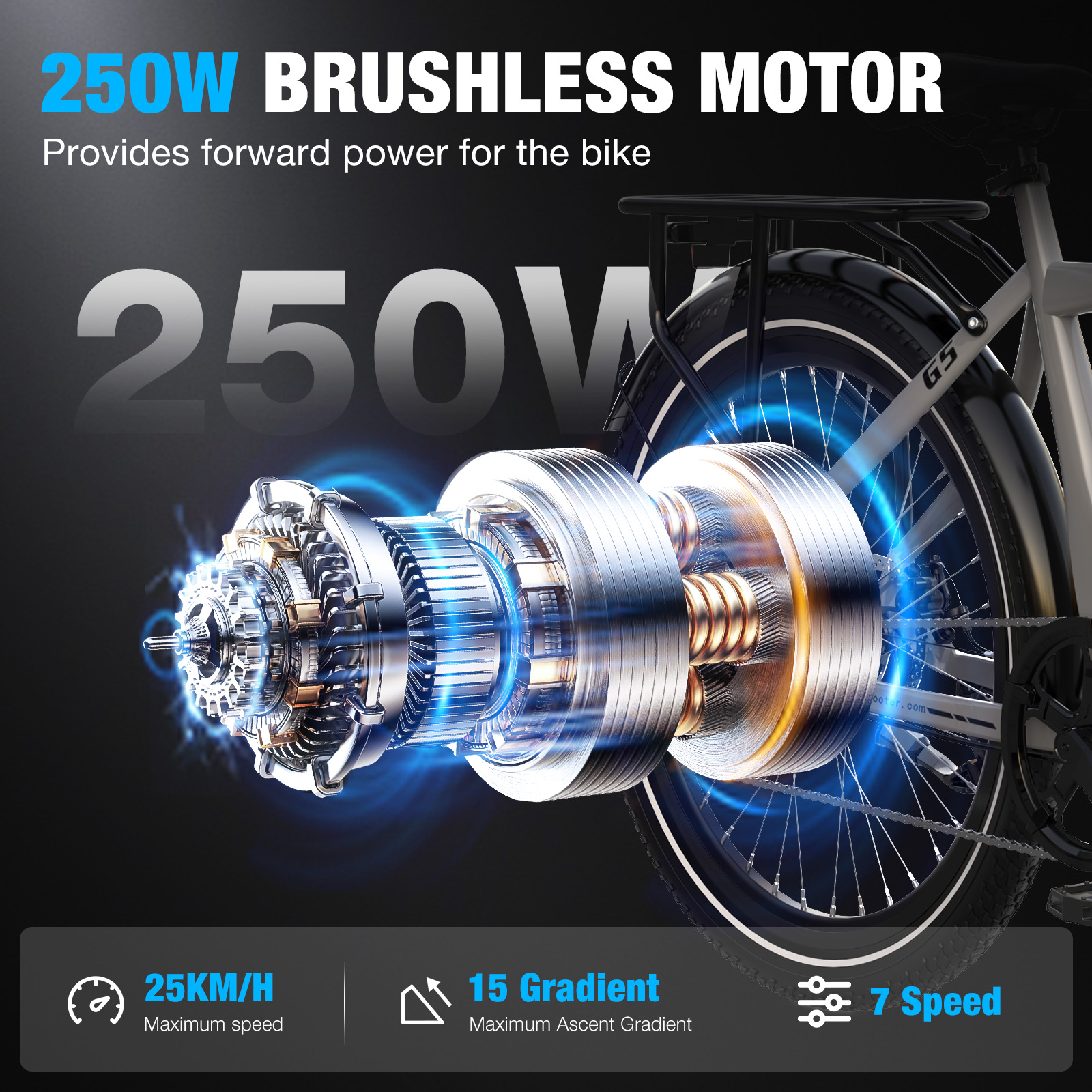 Primer plano de un motor sin escobillas de 250W con rueda de bicicleta al fondo.