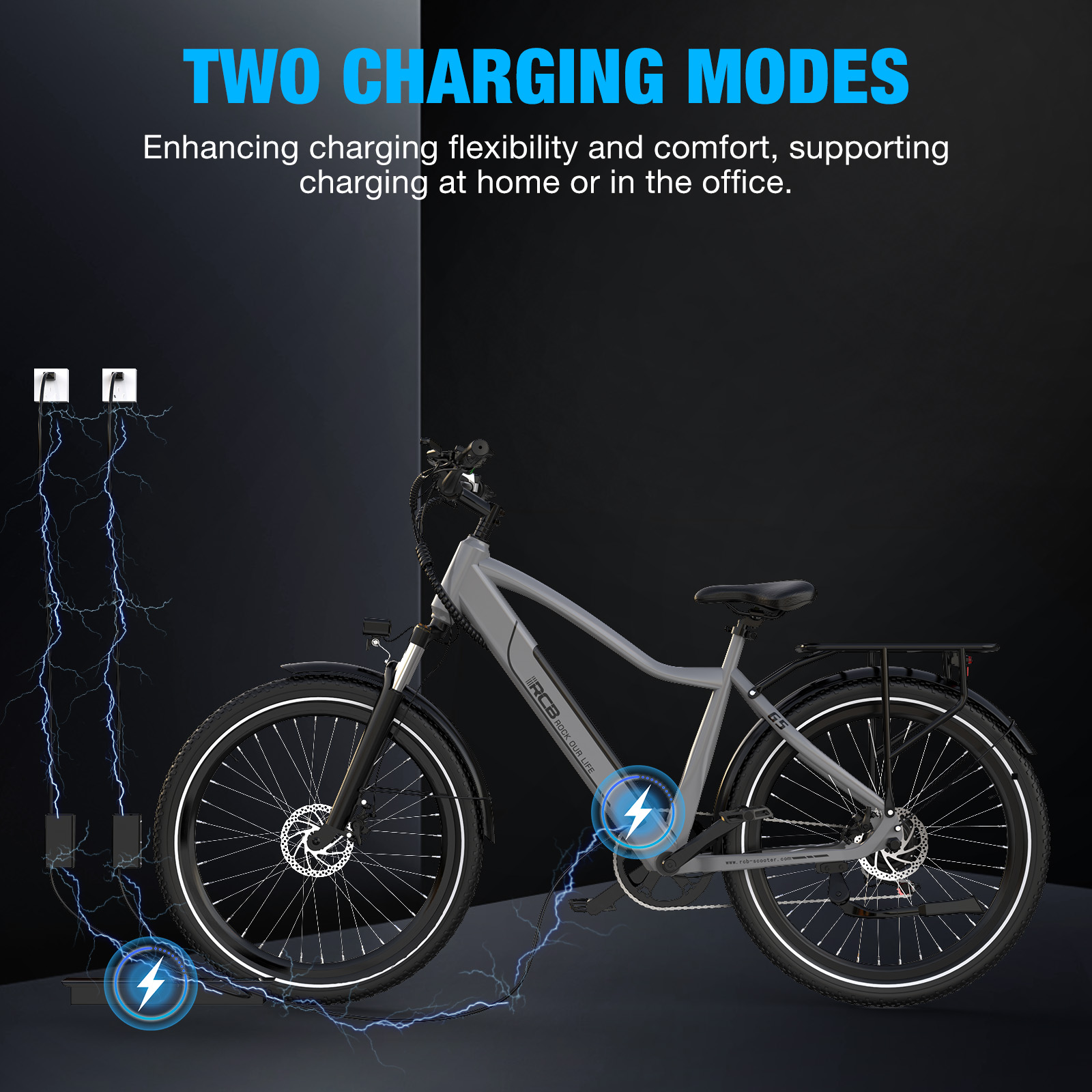 Una bicicleta eléctrica gris se muestra cargando con rayos y puertos.