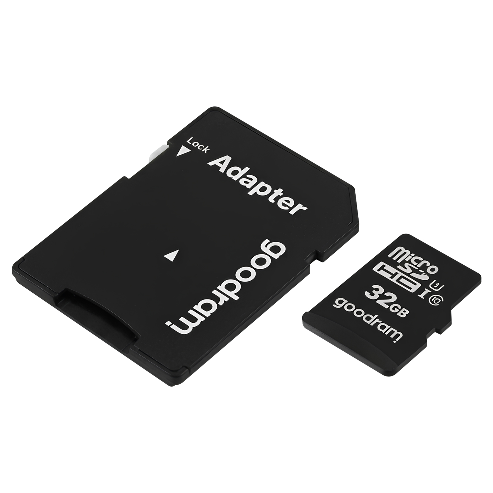 Schwarzer Goodram Micro-SD-Kartenadapter und 32-GB-Micro-SD-Karte.