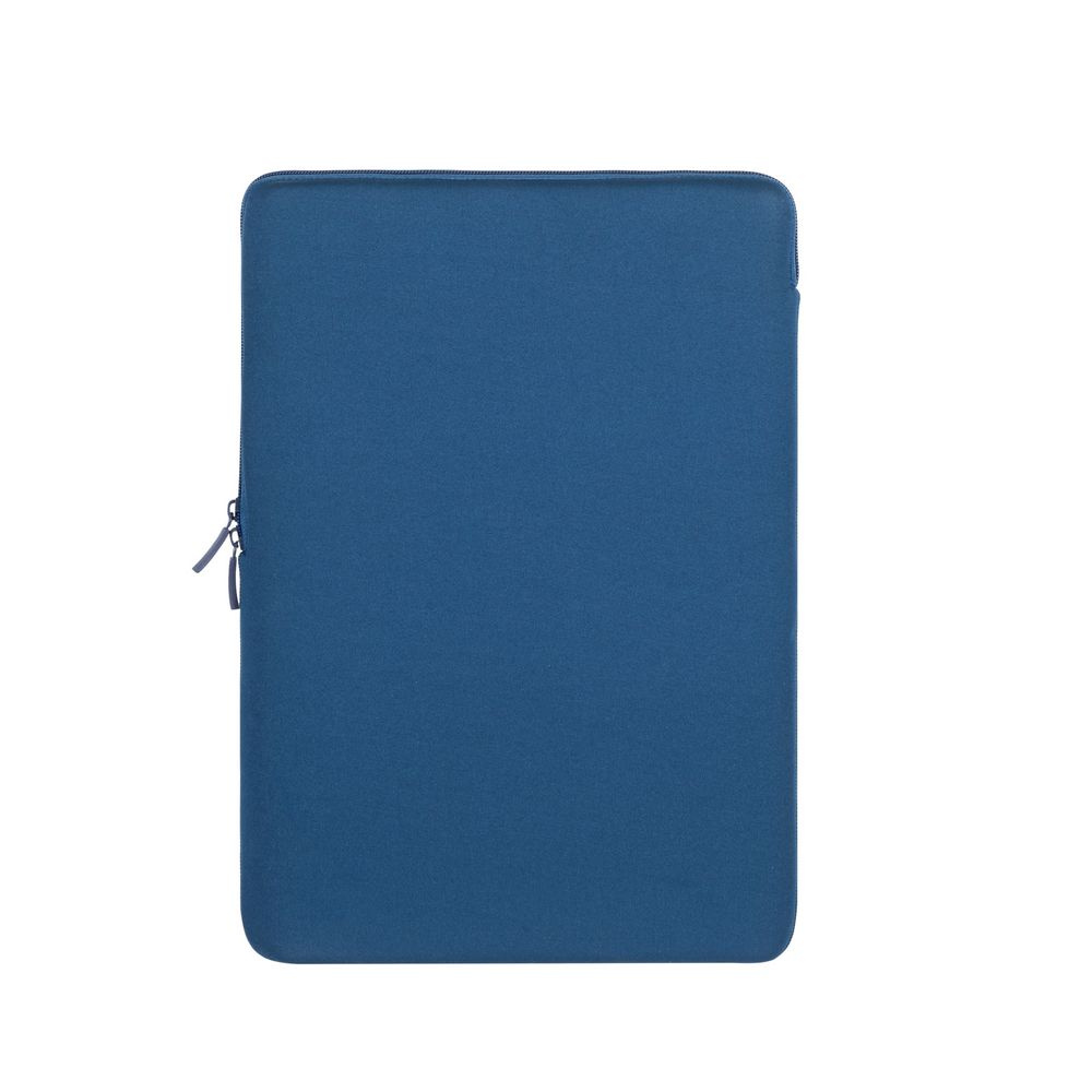 Eine blaue Laptoptasche mit Reißverschluss links im Bild auf weißem Hintergrund.