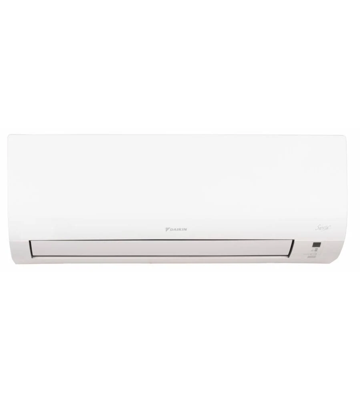 Havalandırma delikleri ve kontrol düğmeleri olan beyaz bir Daikin klima.