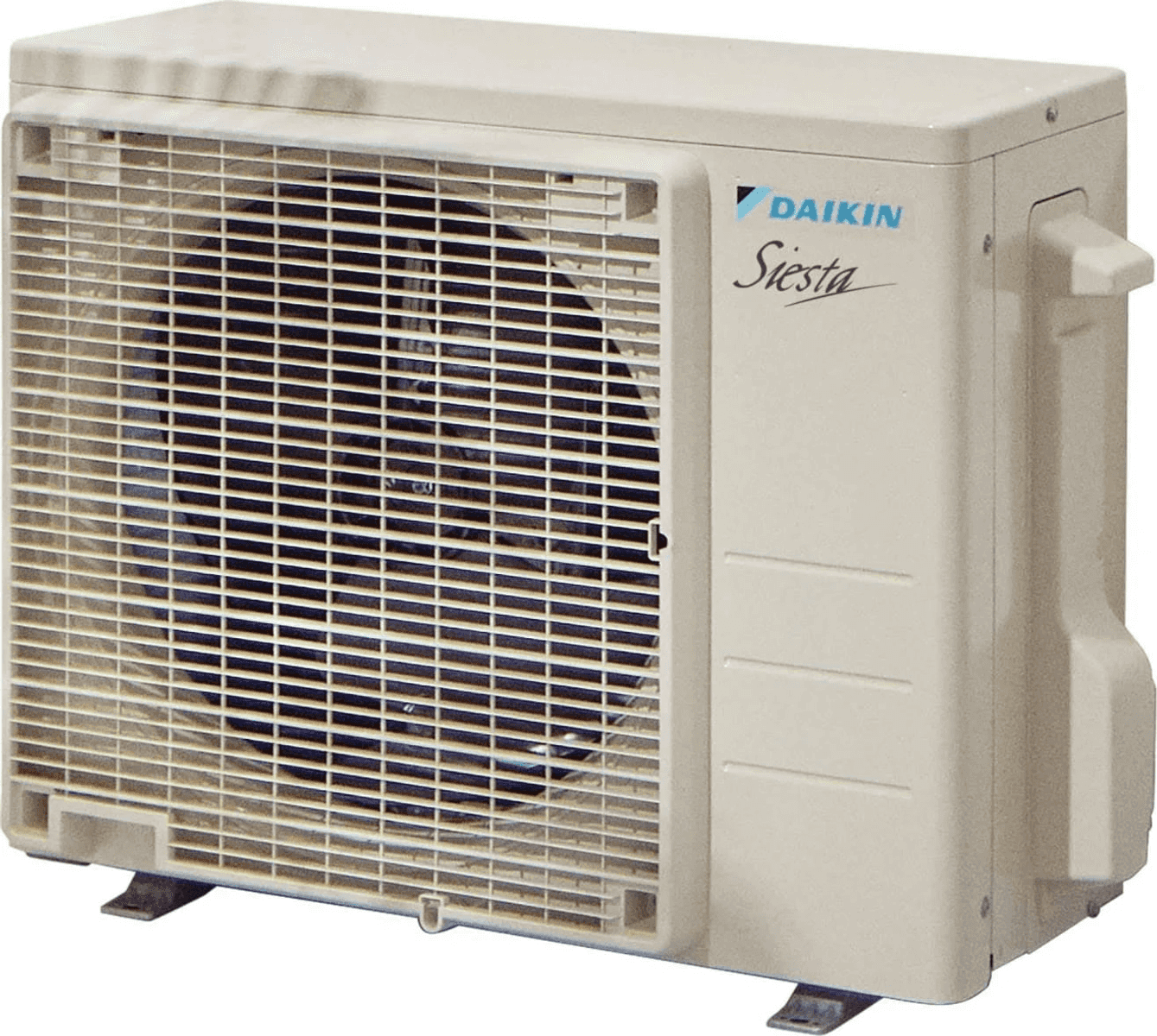 Fan ızgaralı, bej renkli Daikin Siesta klima dış ünite.