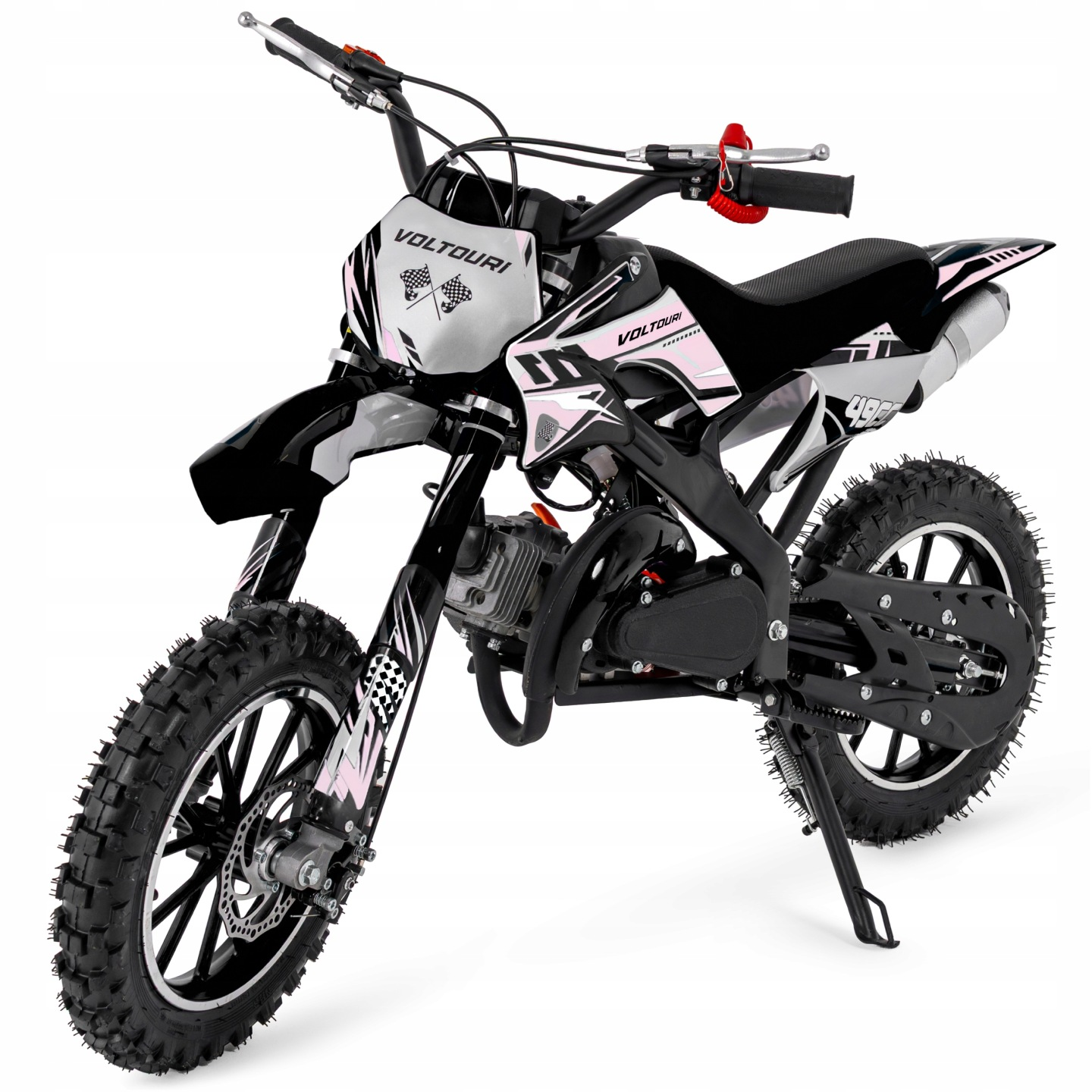 Czarny i różowy motocykl typu dirt bike z szachownicami z przodu. Białe tło.