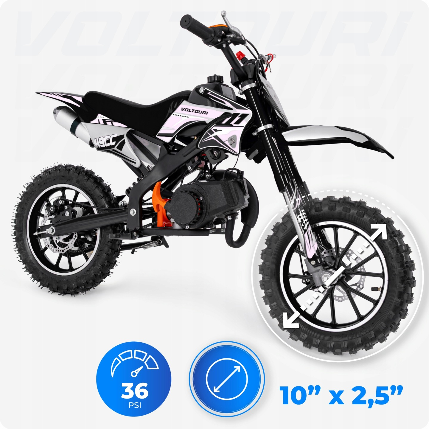 Czarny motocykl terenowy z różowymi akcentami, 49cc, 36 PSI, opony 10" x 2,5".