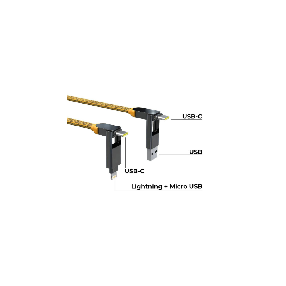 Twee gele USB-kabels met haakse connectoren: USB-C en Lightning/Micro USB.
