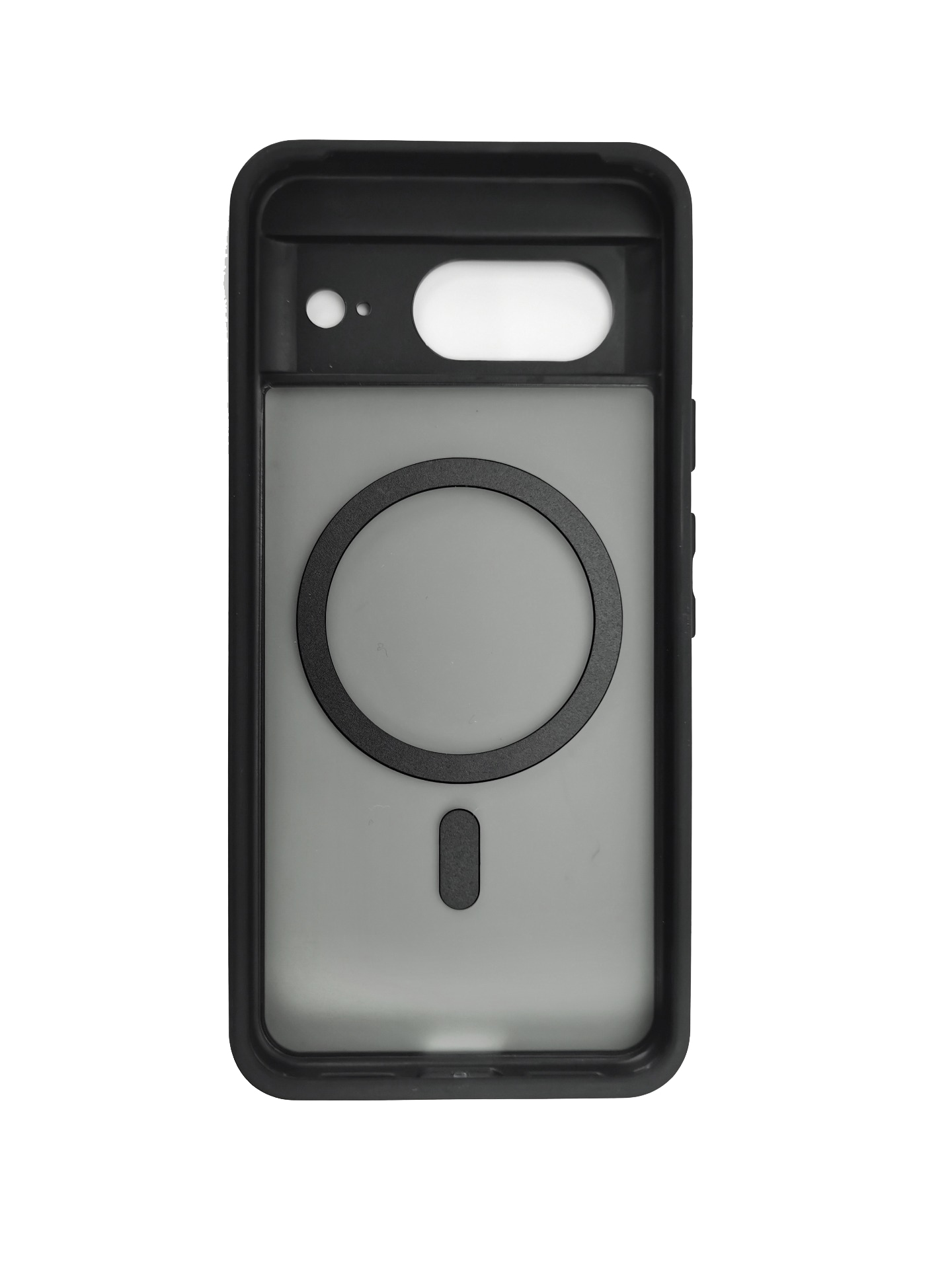 Cover nera per telefono con retro trasparente e anello magnetico.