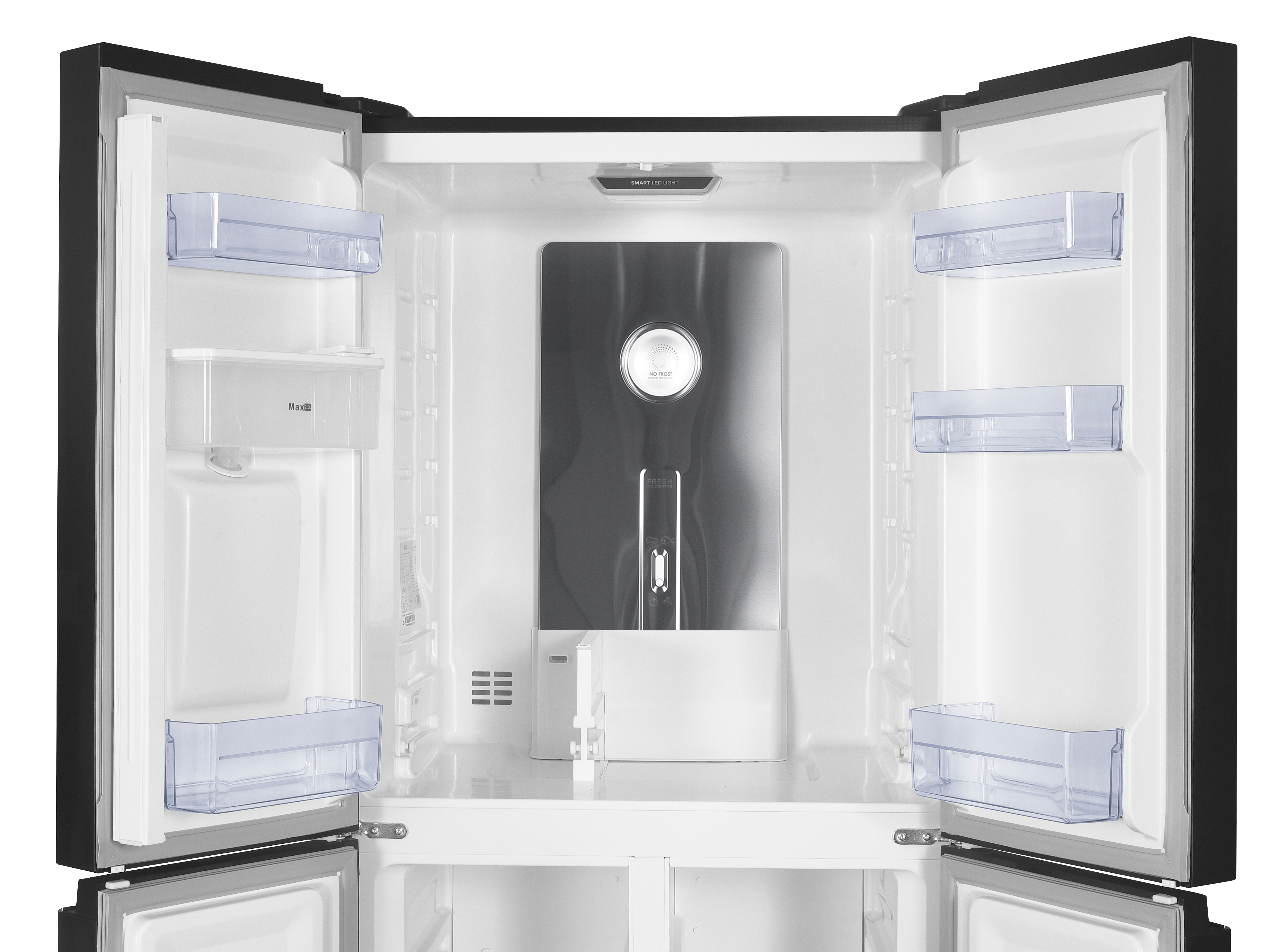 An empty refrigerator with open doors, shelves, and drawers visible.