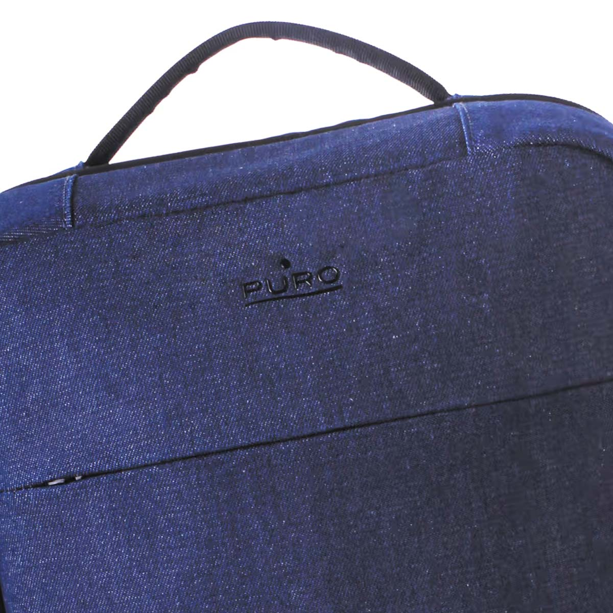 Blauer Denim-Rucksack mit schwarzem Griff und PURO-Logo.