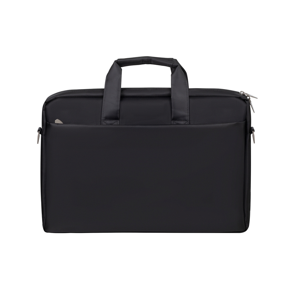 Borsa nera per laptop con due manici e zip frontale.