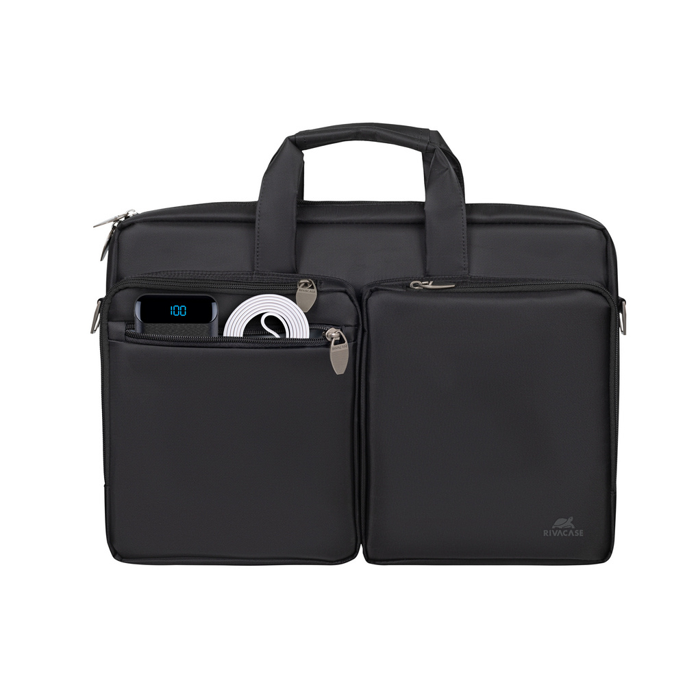 Borsa nera per laptop con due tasche frontali; una con power bank e cavo.