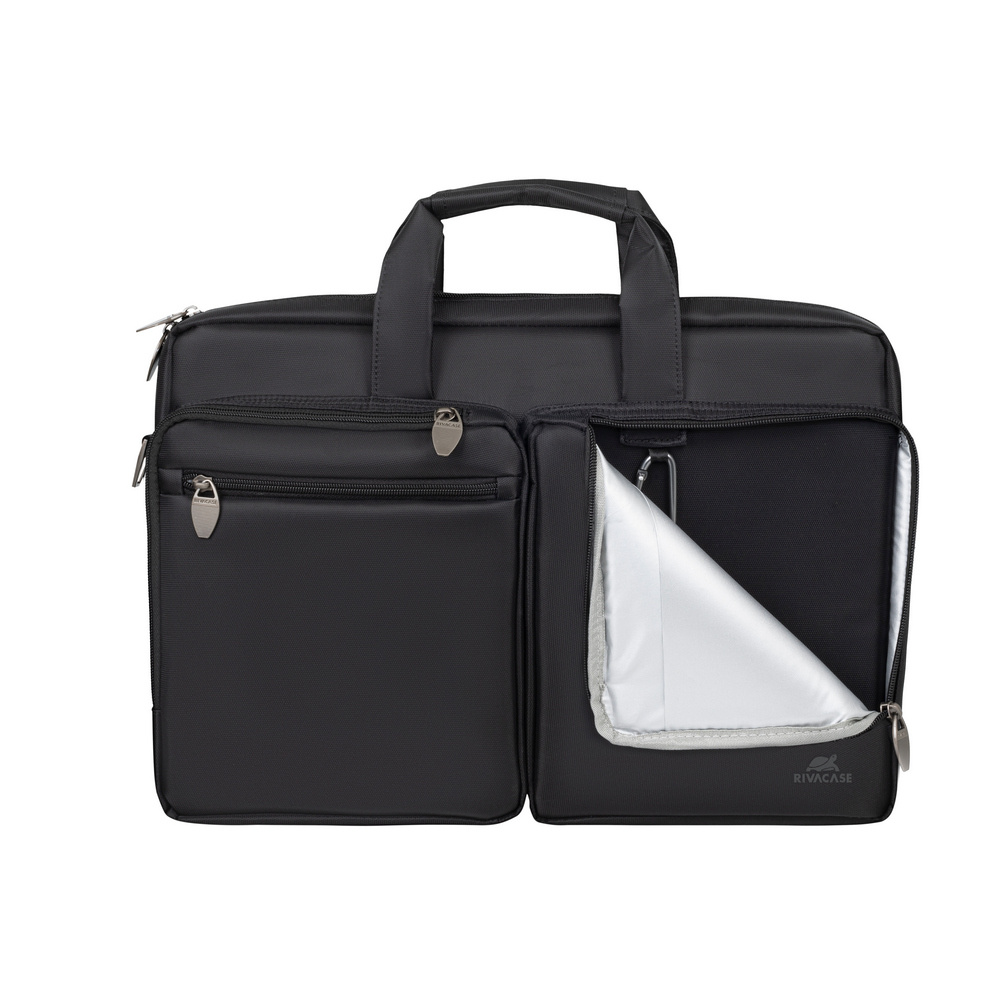 Borsa nera per laptop con due tasche frontali e uno scomparto aperto.