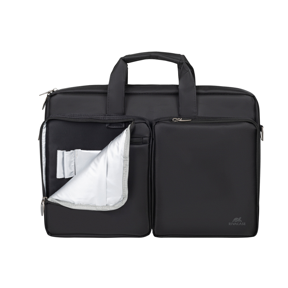Borsa nera per laptop con due tasche frontali e fodera interna argentata.