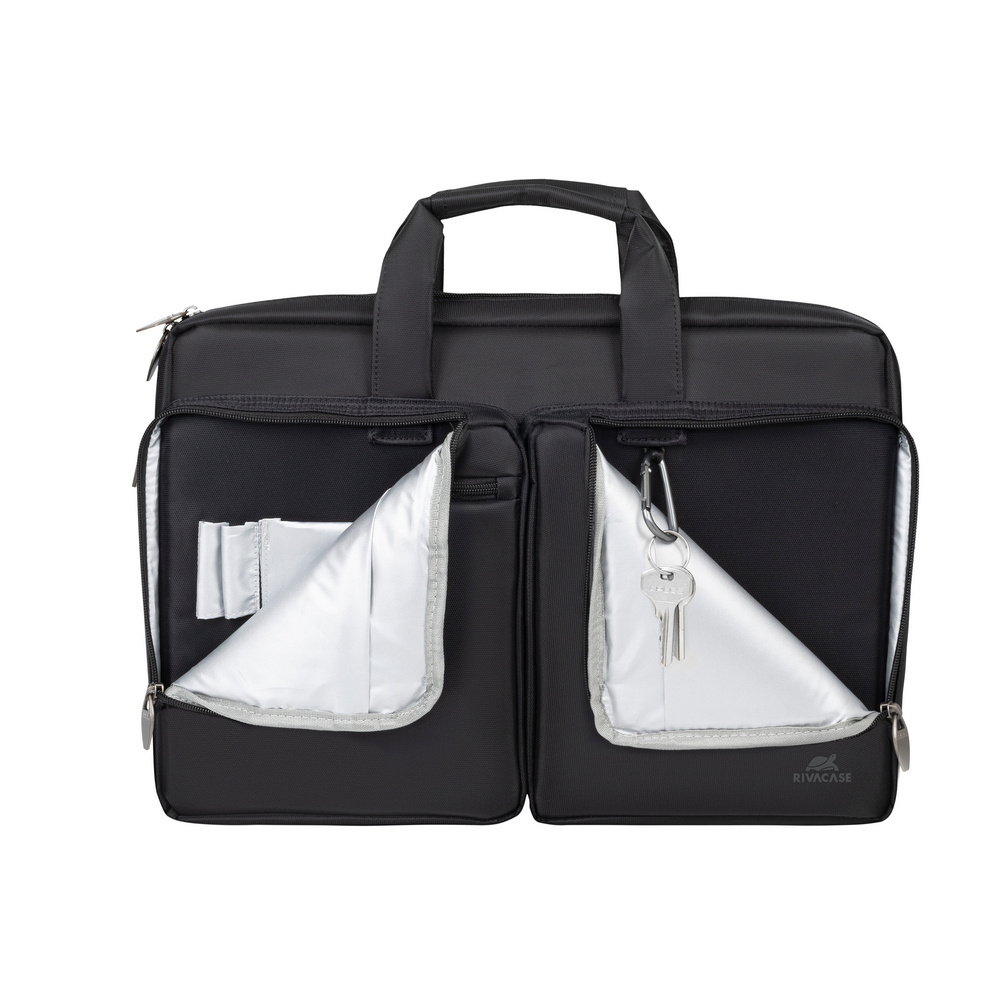 Borsa nera per laptop con due tasche aperte, una con chiavi.