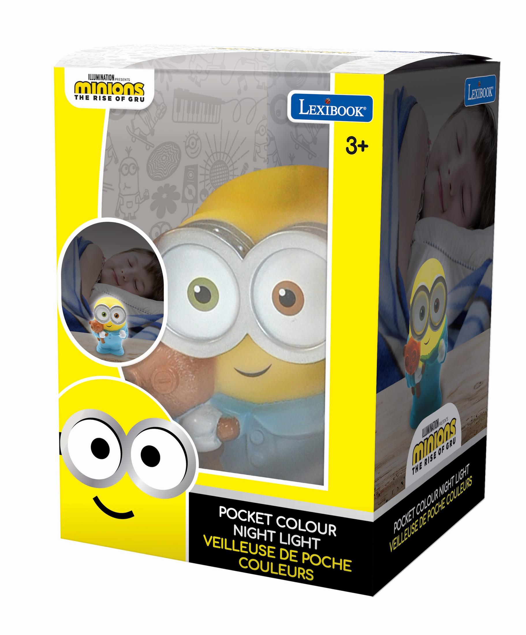 Verpackung eines Minions-Nachtlichts mit einem schlafenden Kind auf der rechten Seite.