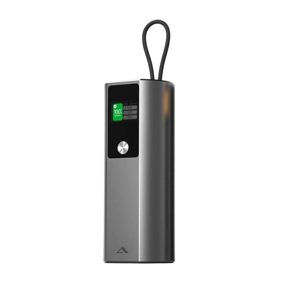 Dispositivo cilindrico grigio con schermo che mostra 100% di batteria e 0W di uscita.