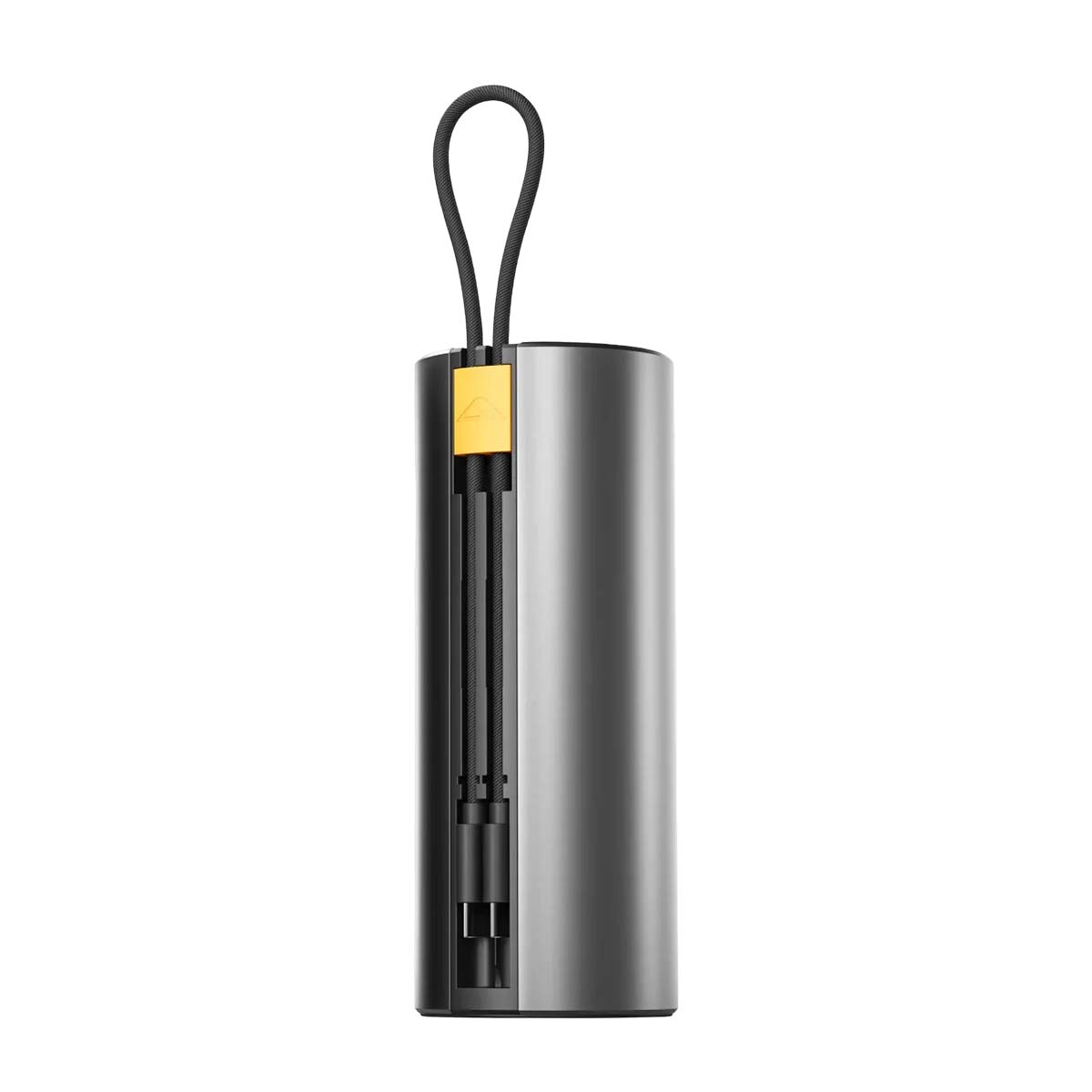 Oggetto cilindrico grigio con anello nero e accento giallo.