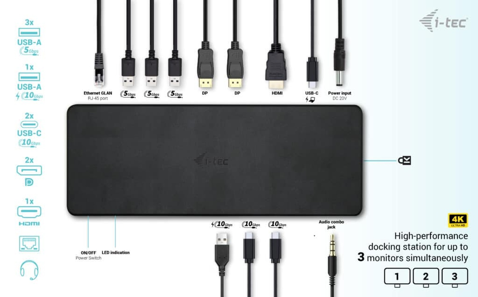 Black docking station with multiple ports: USB-A, USB-C, DP, HDMI, Ethernet, and more.