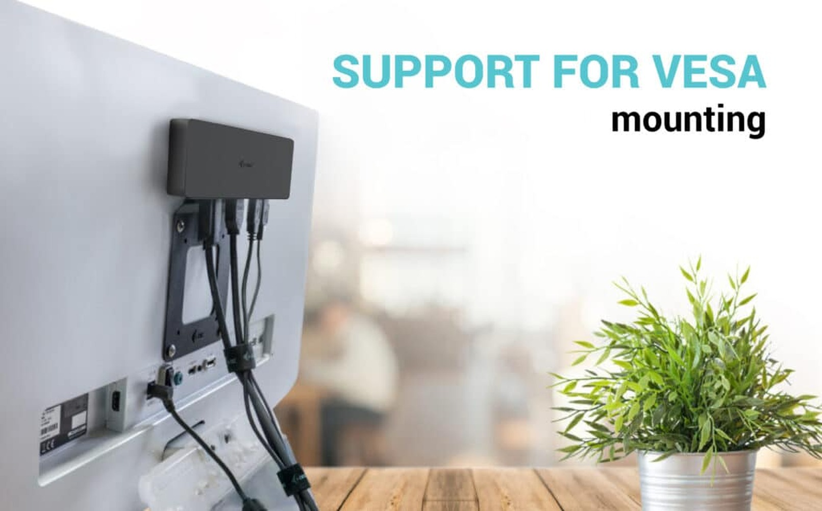 Back of a monitor with VESA mount, black hub, cables, and green plant.