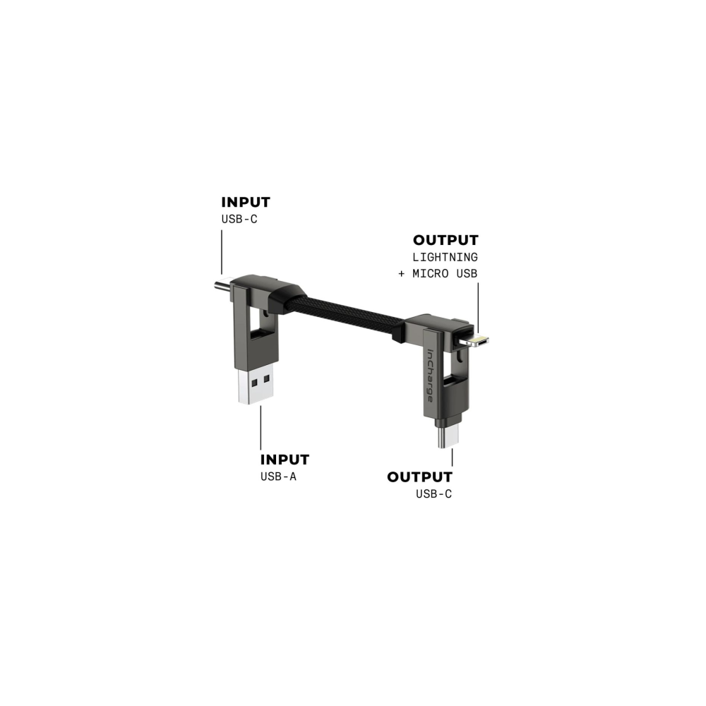 Een laadkabel met meerdere ingangen/uitgangen, USB-A en USB-C ingangen, en Lightning/Micro USB en USB-C uitgangen.