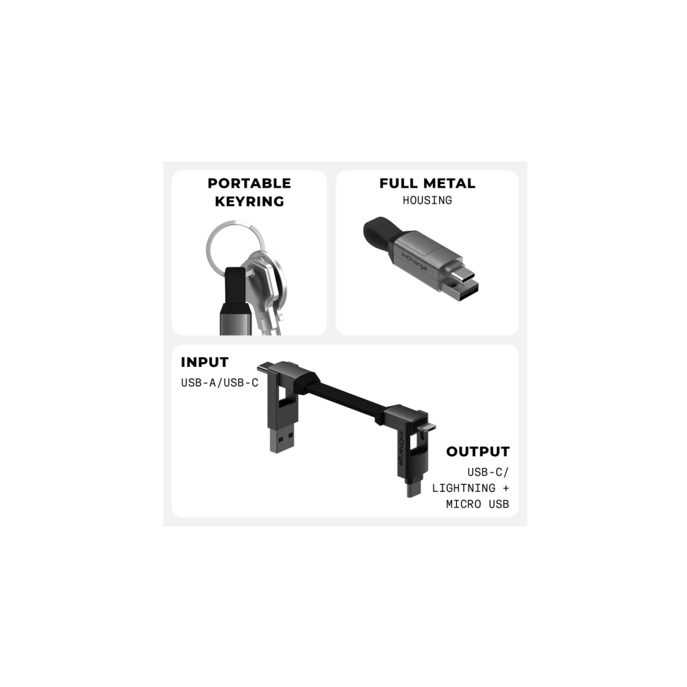 Een sleutelhanger, een metalen behuizing en een oplaadkabel met USB-A/USB-C ingang.