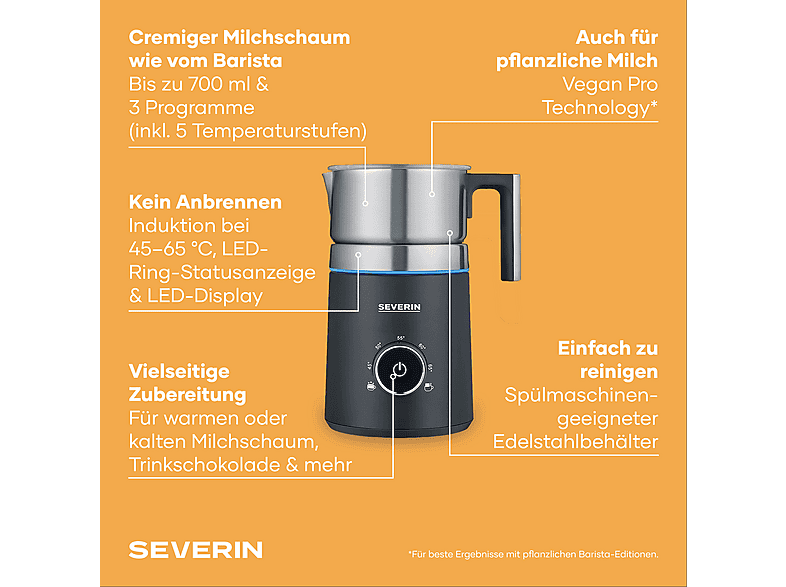 SEVERIN SM 3586 Milchaufschäumer, gebürstet, schwarz, silber, 500 Watt, 0,7 l