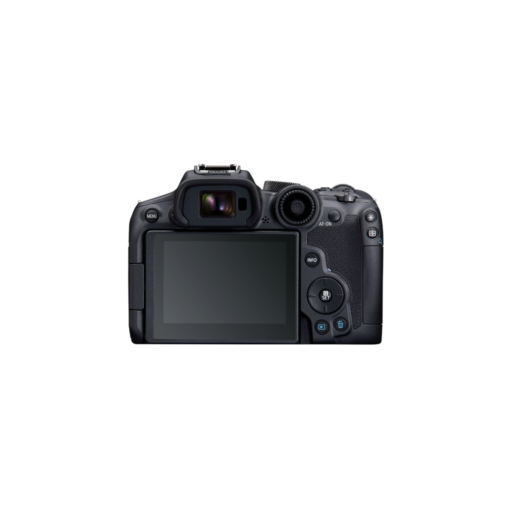 Rear view of a black digital camera with a flip-out screen and buttons.