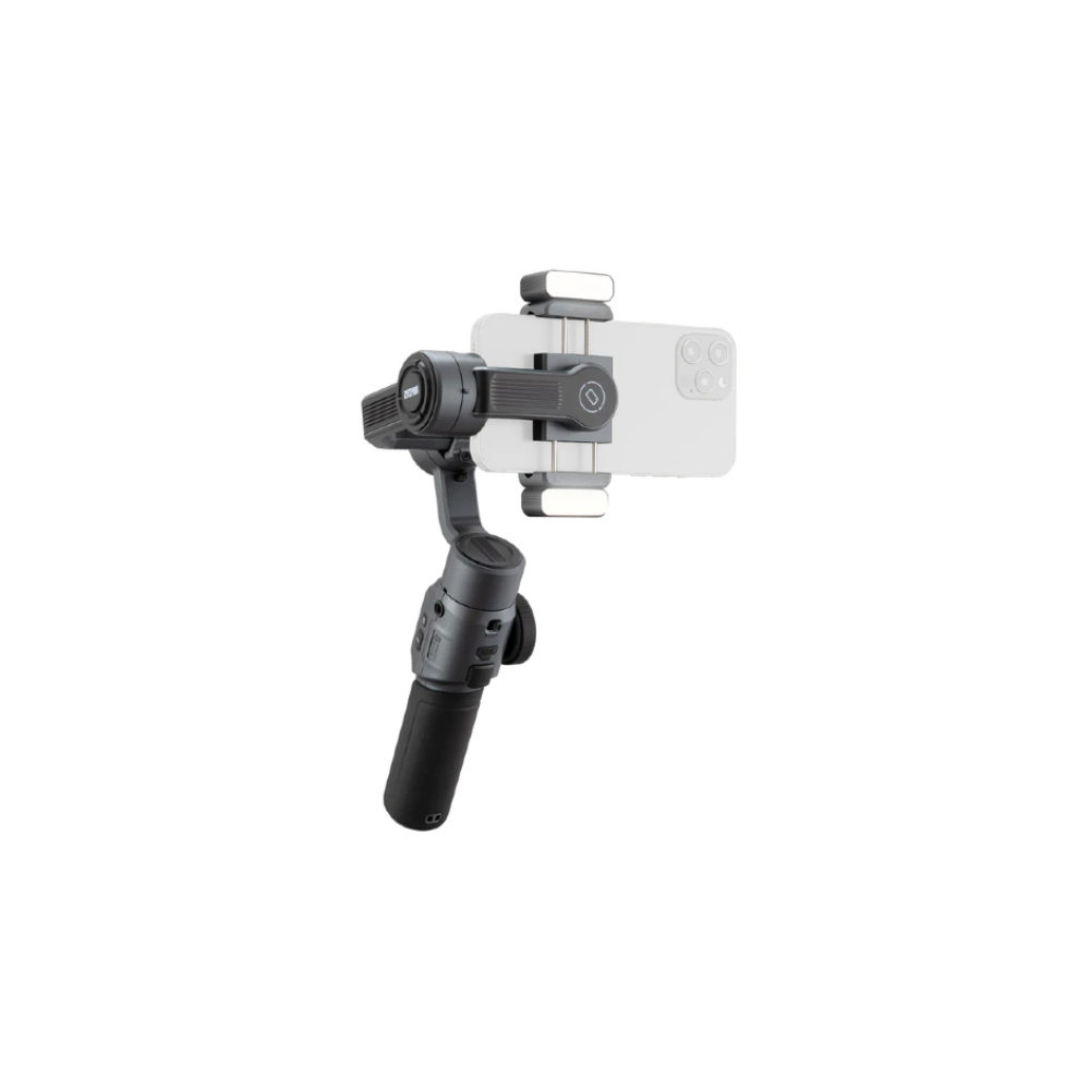 Een zwarte camerahouder met een smartphone en lampen.