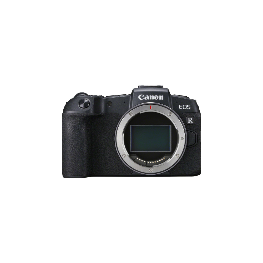 Una fotocamera digitale Canon EOS R nera con attacco obiettivo.
