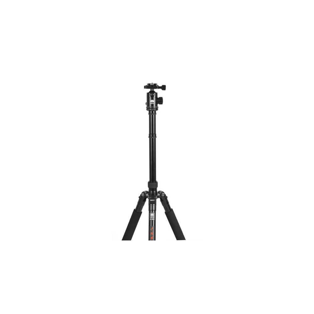 A black tripod with a ball head stands on three legs.