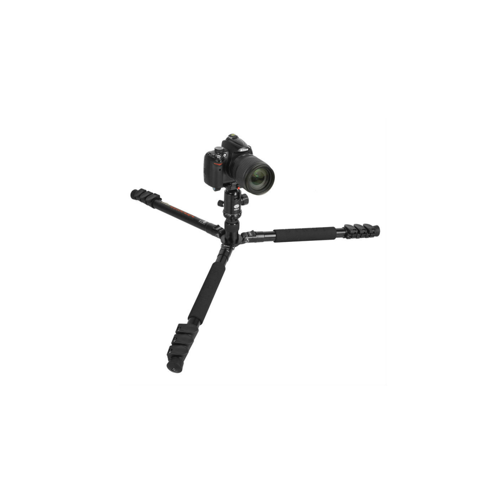 A black camera tripod with a camera mounted on it, set against a white background.