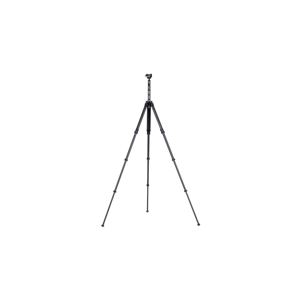 Een zwart carbonfiber statief met drie poten, staand op witte achtergrond.