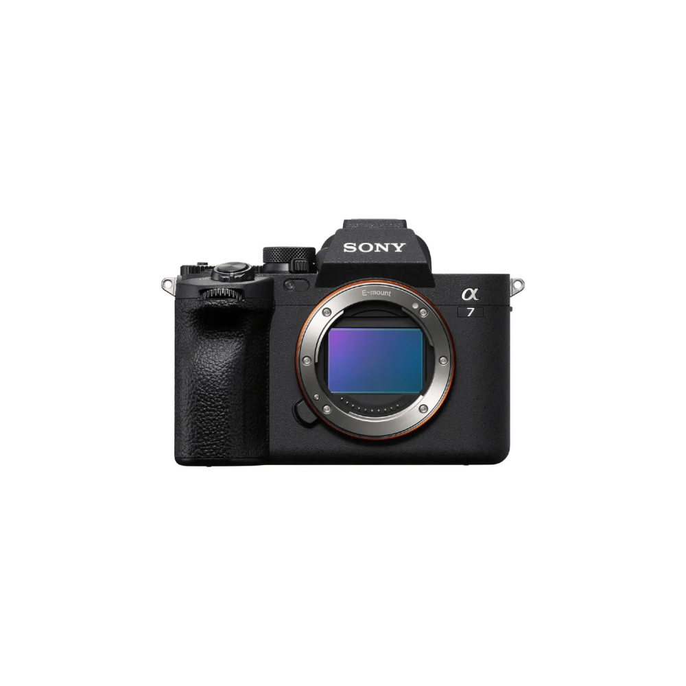 A black Sony Alpha 7 camera with an E-mount lens mount.