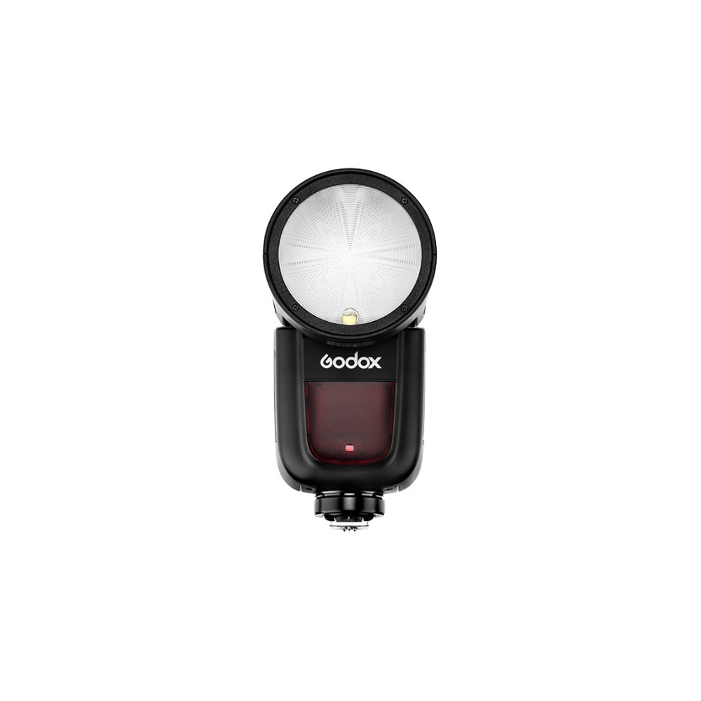 Een zwarte Godox cameraflitser met witte ronde reflector en rode lichtindicator.