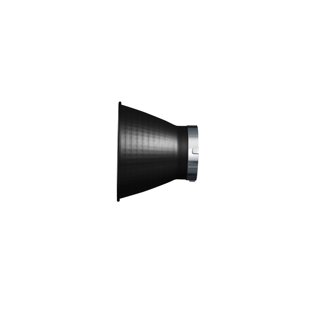 Een zwarte reflector met zilveren ring op witte achtergrond.
