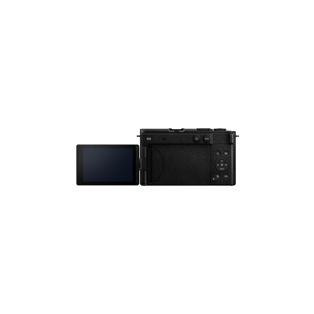 Black digital camera with a flip-out screen and rear controls.