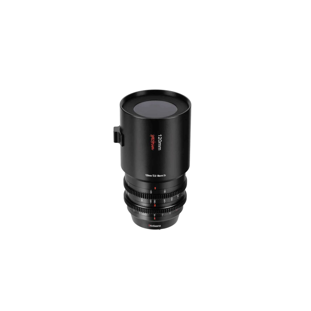 A black 120mm T2.9 2x macro lens is shown on a white background.