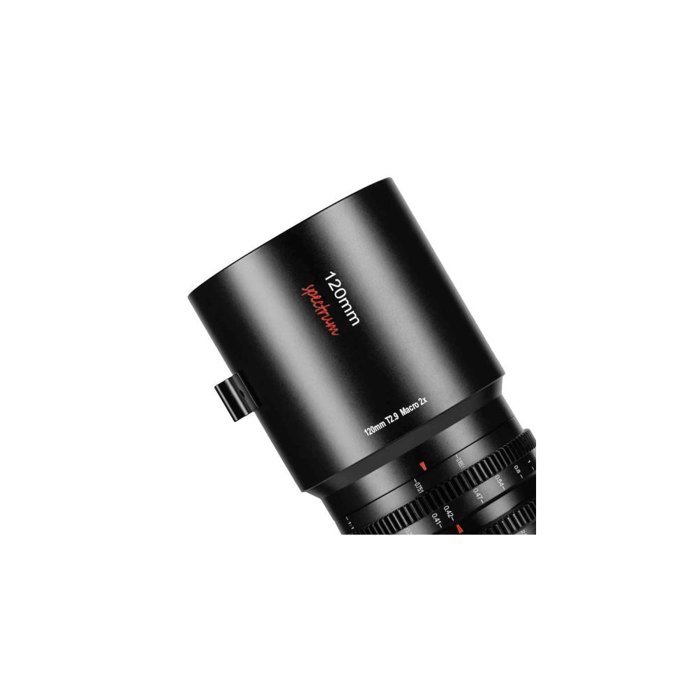 A black 120mm macro lens with red markings and text.