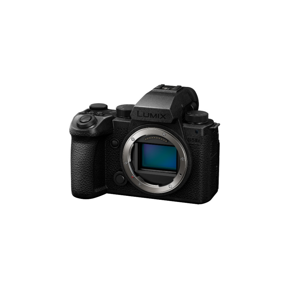 Zwarte Lumix S5II camera met lensvatting en bedieningsknoppen.
