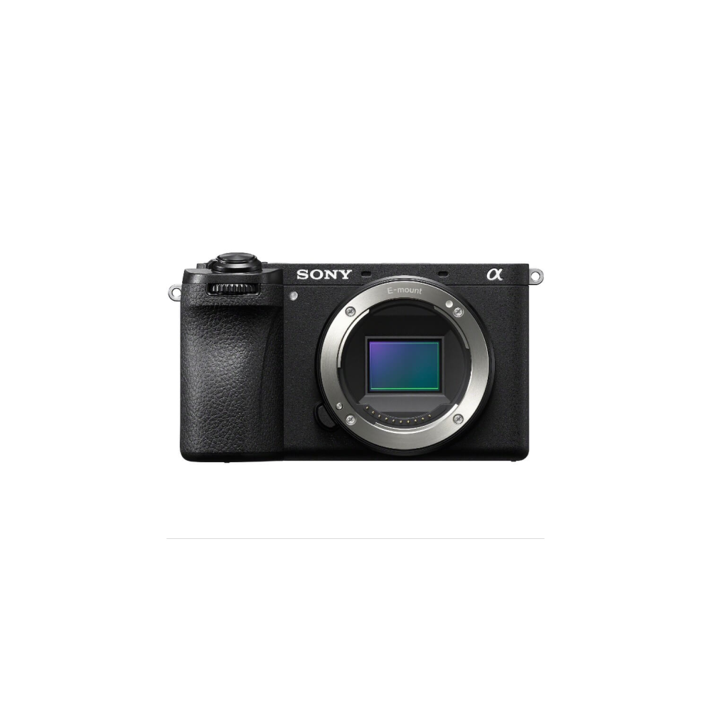 A black Sony Alpha digital camera with a silver E-mount lens housing.