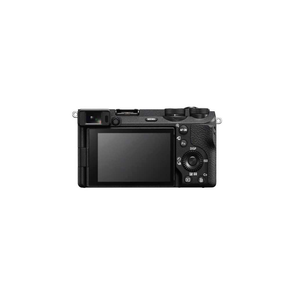 Back view of a black digital camera with LCD screen and control buttons.