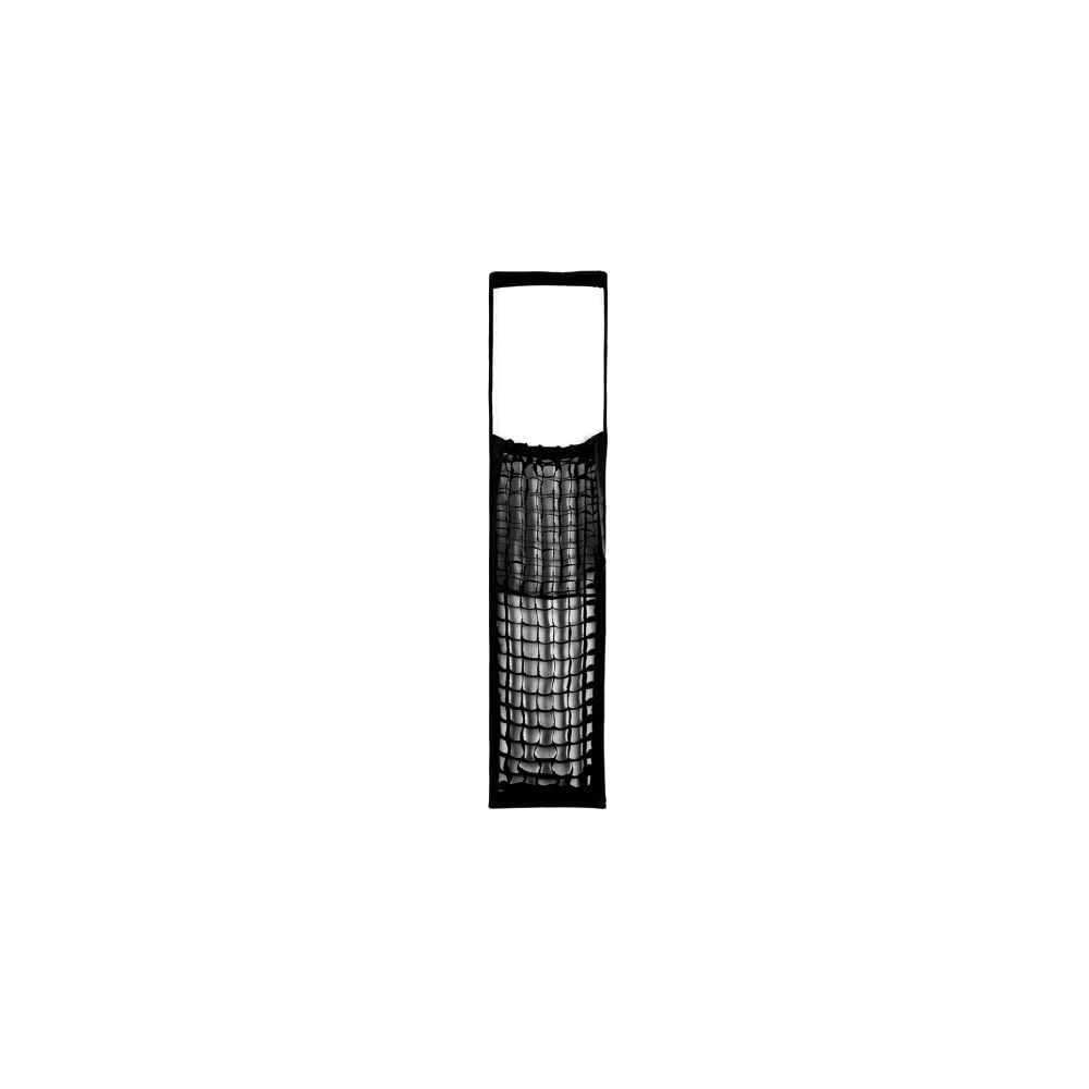 Ein schwarzer rechteckiger Stoff-Diffusor mit Wabenmuster für Licht.