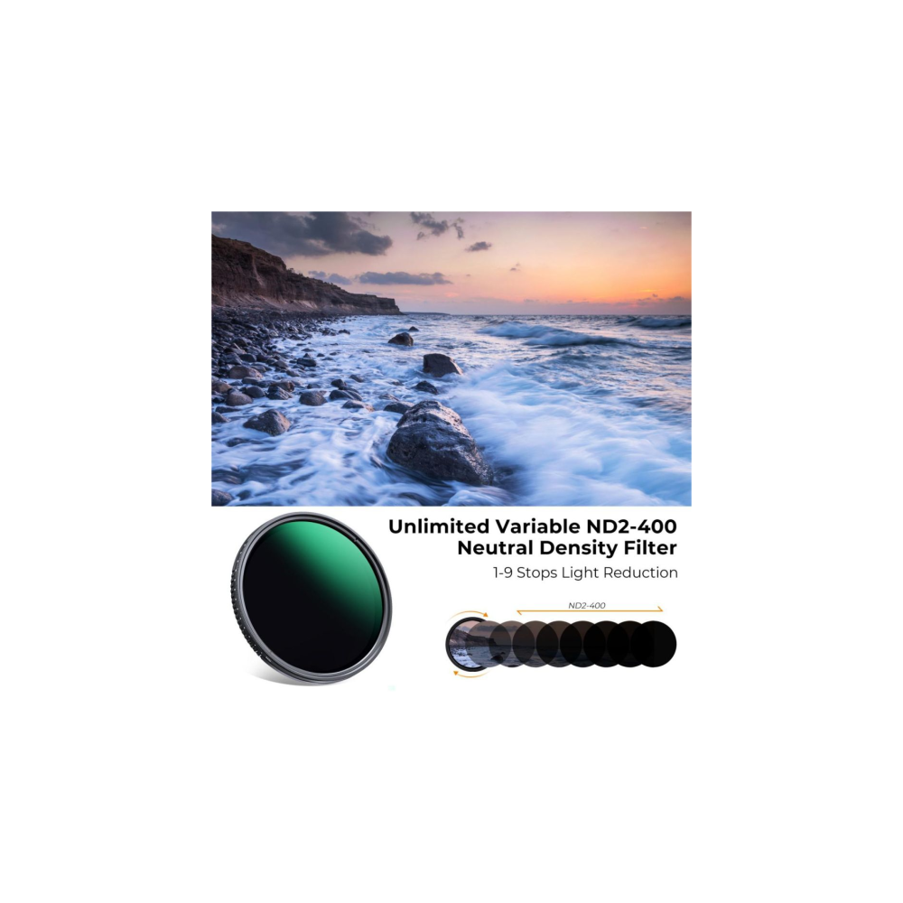Een variabele ND2-400 grijsfilter naast een kustlandschap bij zonsondergang.
