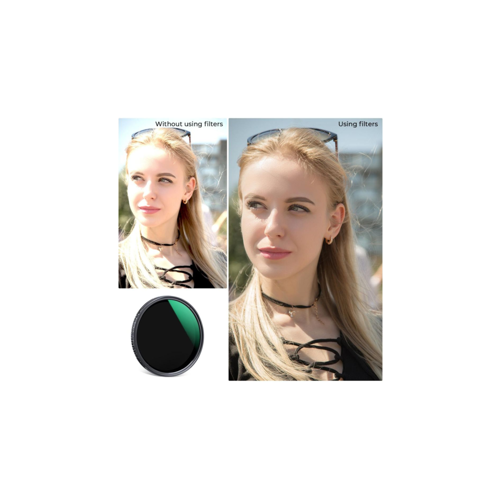 Vergelijking: Vrouw met en zonder filters, met een filter ernaast.