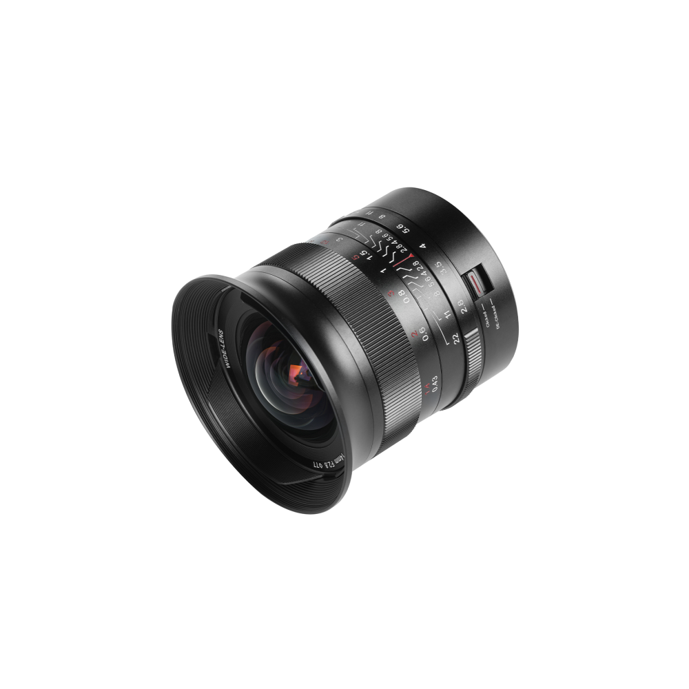 Black wide-angle camera lens with aperture markings and focus scale, labeled 14mm F2.8.