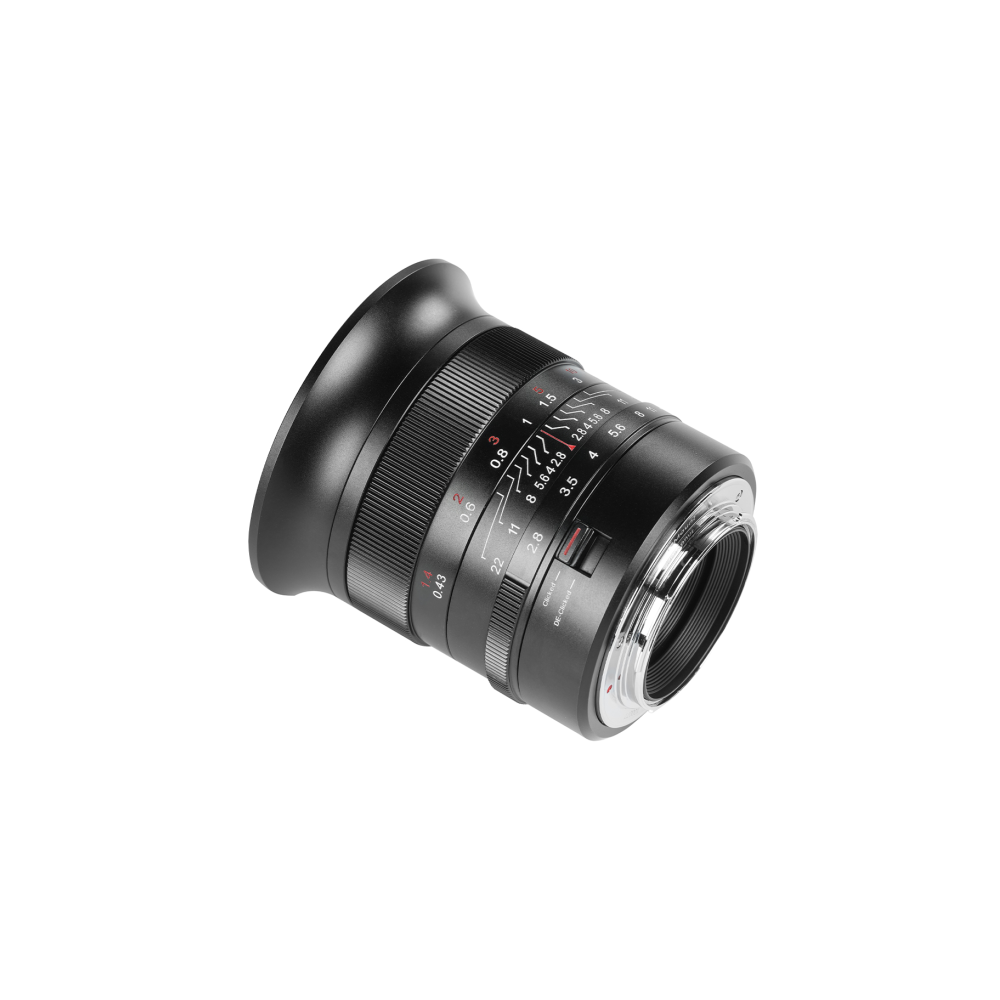 A black camera lens with aperture and distance markings on a white background.