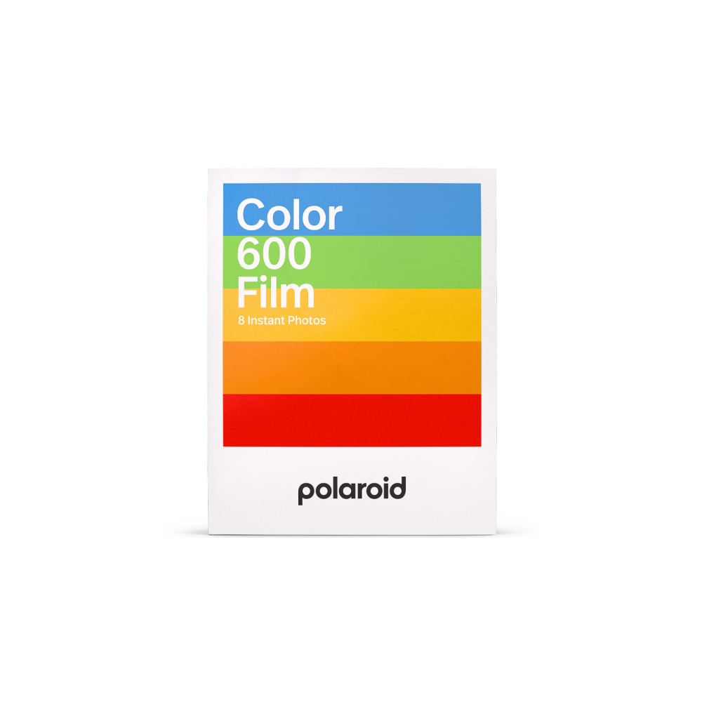 Caja de película Polaroid 600 con franjas de colores y logo Polaroid.